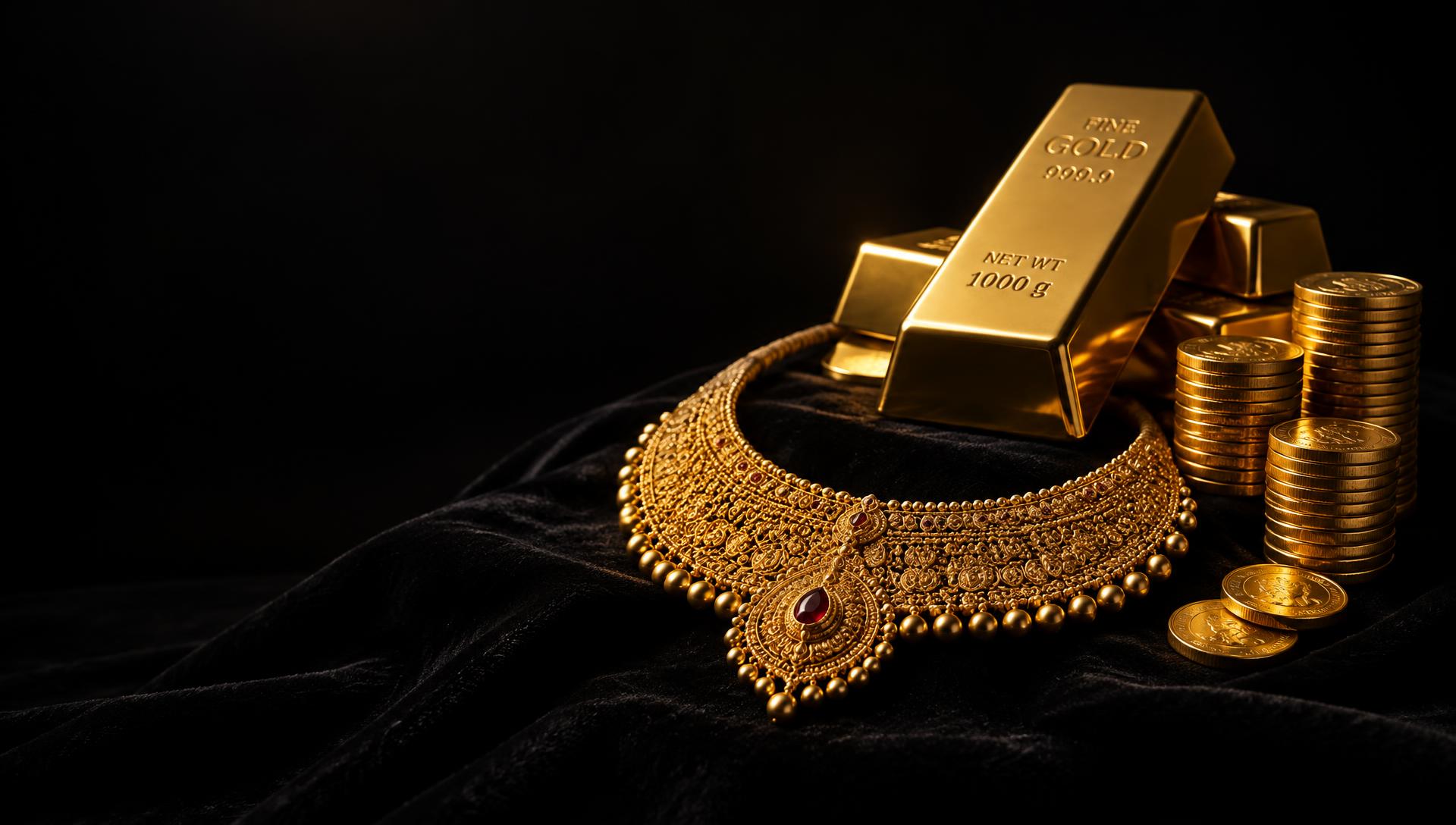 Gold bars, gold coins and a traditional gold necklace